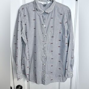 Old Navy Striped Shirt with Red  Fox Novelty Print XL Whimsical Animal Lover